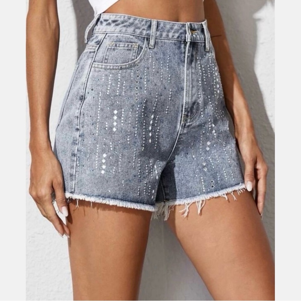 Shein Sz XS BeJeweled Blue Jean Shorts w Rhinestones